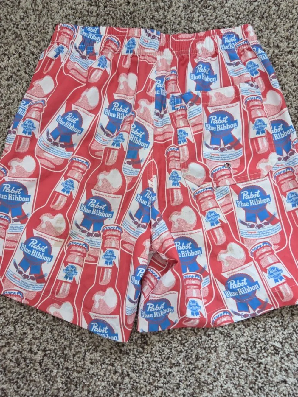 Pabst Blue Ribbon Swim Shorts Mens Small AOP Graphic Swimwear Trunks Beach Party